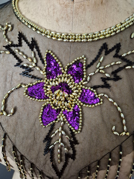 Vintage Sheer Black Neck Collar Shawl Gold Beads Purple Sequins
