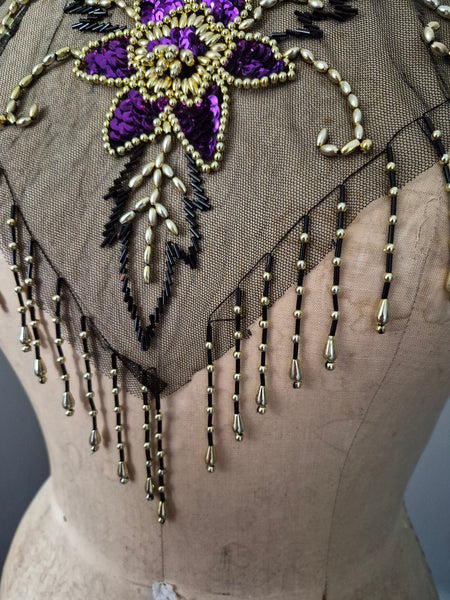 Vintage Sheer Black Neck Collar Shawl Gold Beads Purple Sequins