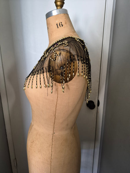 Vintage Sheer Black Neck Collar Shawl Gold Beads Purple Sequins