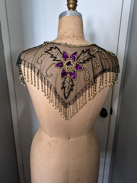 Vintage Sheer Black Neck Collar Shawl Gold Beads Purple Sequins