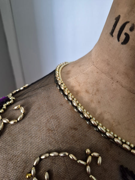 Vintage Sheer Black Neck Collar Shawl Gold Beads Purple Sequins