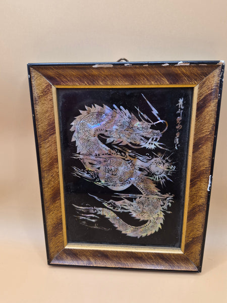 Vintage 1985 Korean Mother of Pearl Inlayed Framed Dragon Picture