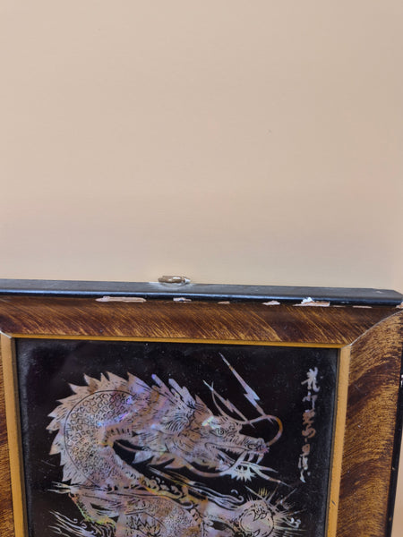 Vintage 1985 Korean Mother of Pearl Inlayed Framed Dragon Picture