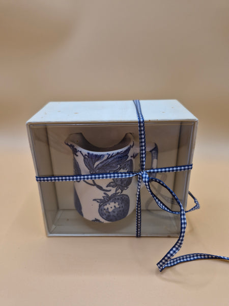 Brand New BURLEIGH WARE England 2" Blue & White Fruit & Floral Pitcher