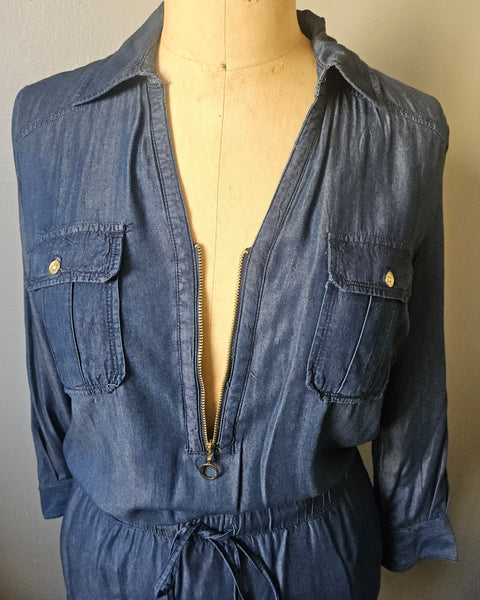 INC Size 6 Blue Denim Zip Front Long Sleeve Dress Drawstring Waist Casual Style