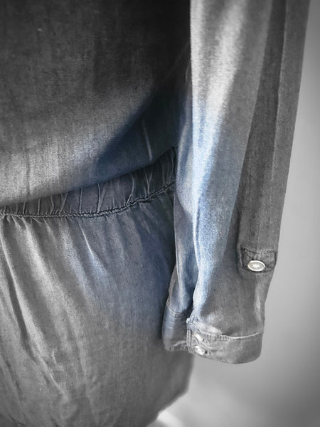 INC Size 6 Blue Denim Zip Front Long Sleeve Dress Drawstring Waist Casual Style