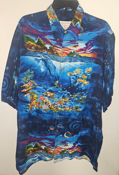 Mens Vintage Large REYN SPOONER Blue Hawaiian Ocean Sealife Button Down Shirt