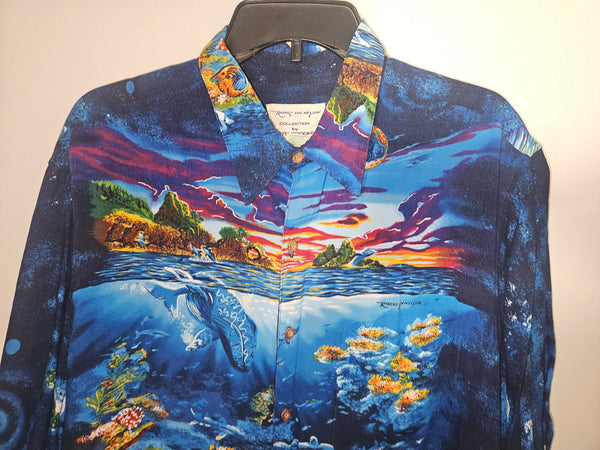 Mens Vintage Large REYN SPOONER Blue Hawaiian Ocean Sealife Button Down Shirt