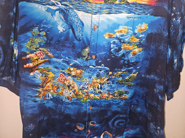 Mens Vintage Large REYN SPOONER Blue Hawaiian Ocean Sealife Button Down Shirt