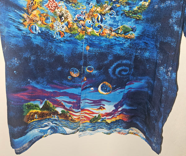 Mens Vintage Large REYN SPOONER Blue Hawaiian Ocean Sealife Button Down Shirt