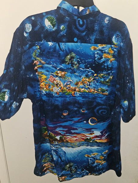 Mens Vintage Large REYN SPOONER Blue Hawaiian Ocean Sealife Button Down Shirt