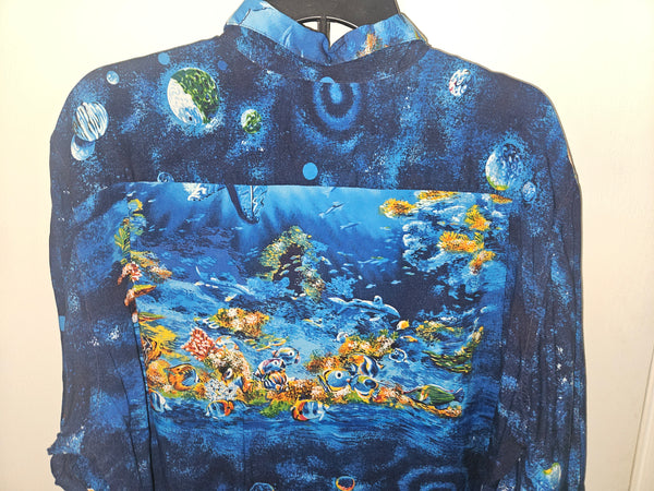 Mens Vintage Large REYN SPOONER Blue Hawaiian Ocean Sealife Button Down Shirt