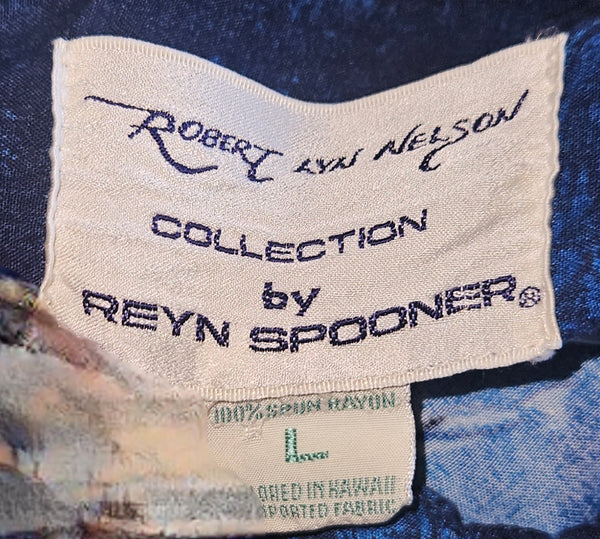 Mens Vintage Large REYN SPOONER Blue Hawaiian Ocean Sealife Button Down Shirt
