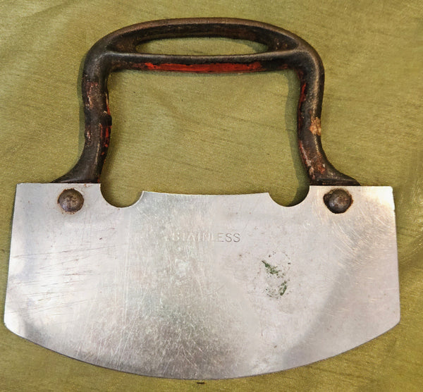 Vintage 1940's Stainless Steel Ulu Knife Food Chopper w/ Cast Iron Handle
