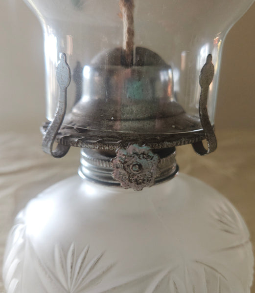 Vintage 1960's Clear & Frosted Glass Hurricane Oil Lamp