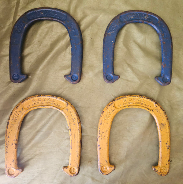 Set of 4 Vintage ROYAL ST. PIERRE Blue & Yellow Forged Steel Horseshoes