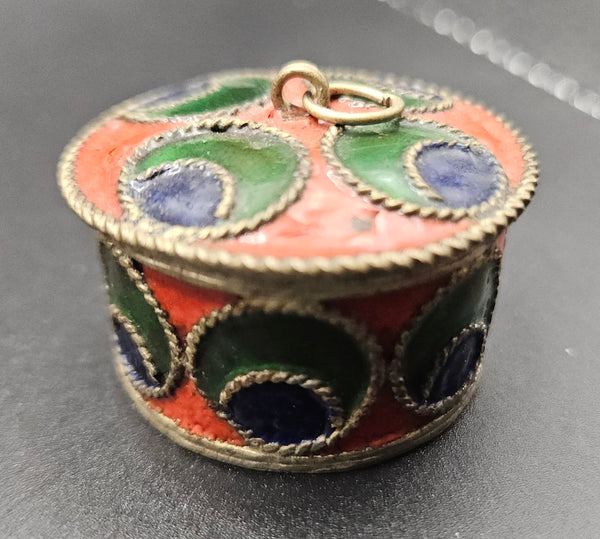 Vintage Orange, Green & Blue Enamel Lidded Snuff Trinket Pill Box