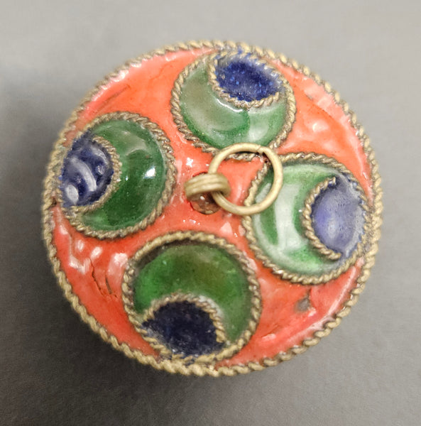 Vintage Orange, Green & Blue Enamel Lidded Snuff Trinket Pill Box
