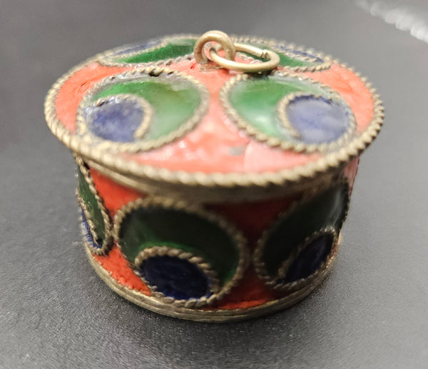 Vintage Orange, Green & Blue Enamel Lidded Snuff Trinket Pill Box