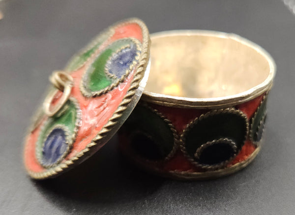 Vintage Orange, Green & Blue Enamel Lidded Snuff Trinket Pill Box
