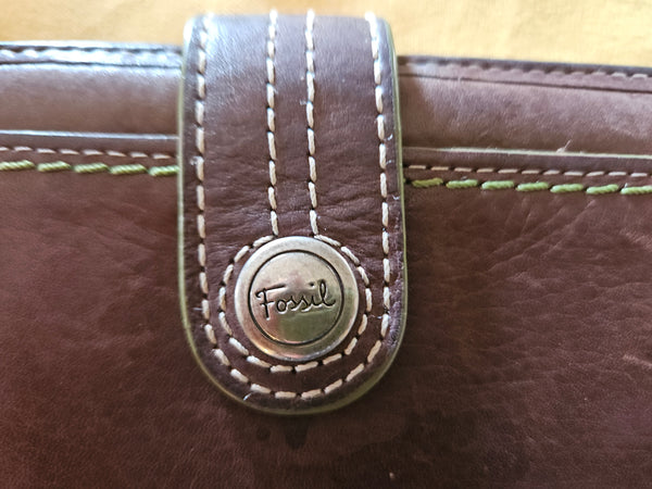 FOSSIL Brown Leather Full Size Wallet w/ Green Stitching