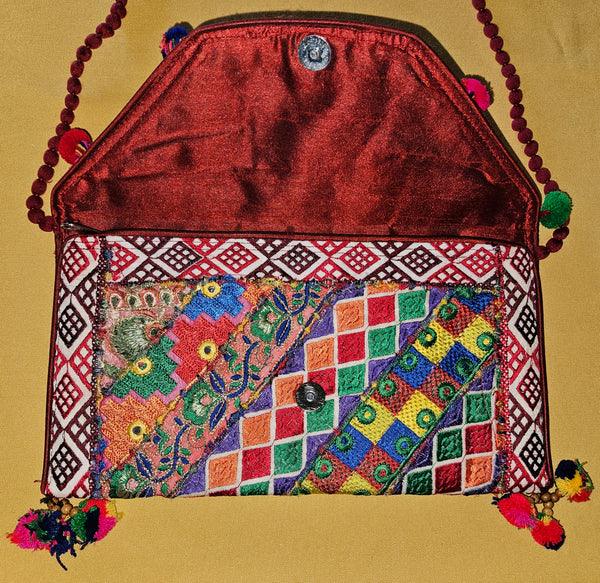 Vibrant Handcrafted Banjara Bohemian Pom Pom Patchwork Purse