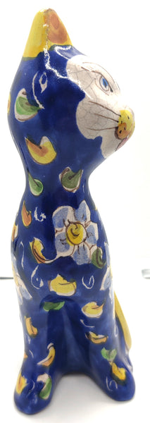 Vintage 8" Handmade & Signed Sicilian Blue & Yellow Floral Ceramic Cat Figurine Statue