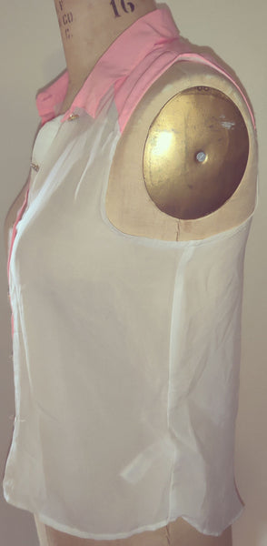 Medium Neon Orange & White Sheer Sleeveless Blouse