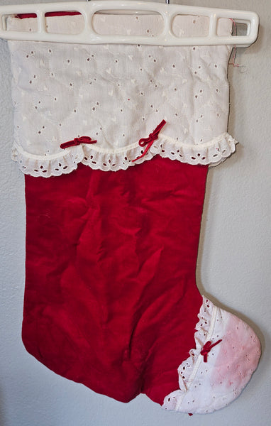 Vintage 20" Red & Eyelet White Trim Christmas Stocking