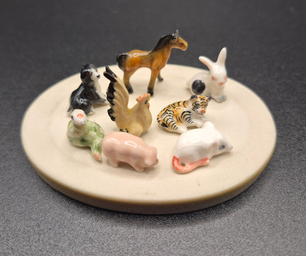 Set of 8 Ceramic Miniature Animals w/ Stand