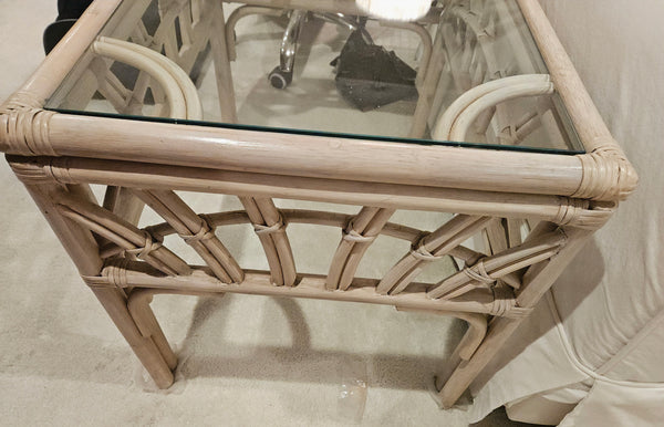 Light Tan Bamboo Style Glass Top End Table / Side Table