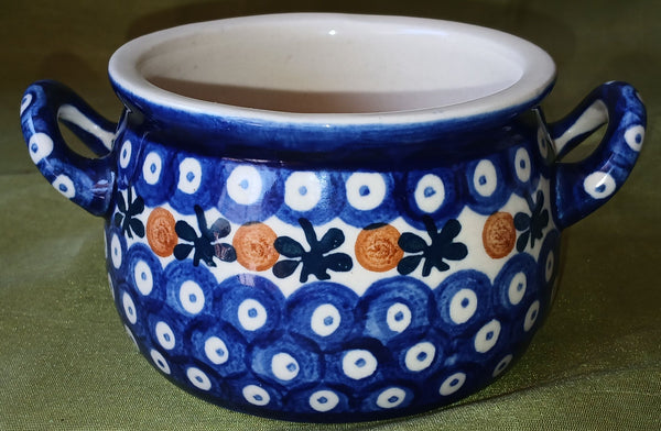 Polish Hand Painted Vintage Stoneware Peacock Eye Soup Bowl