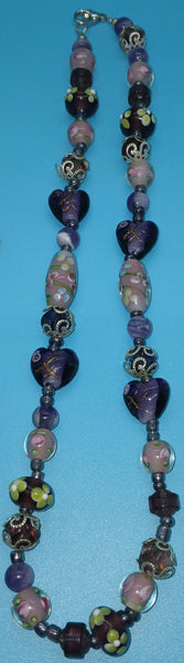 Handmade Pink, Purple, Floral, Silver & Gold Beaded Necklace