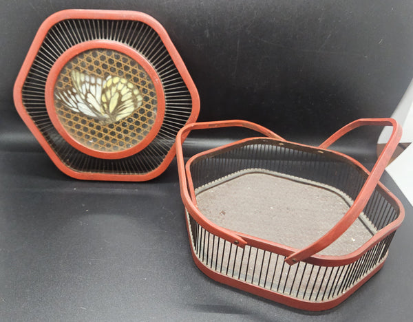 Vintage Bamboo Butterfly Cage Lidded Basket w/ Handle