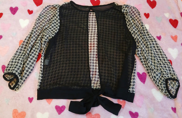 Large POETRY Black & Tan Checkered Sheer Blouse w/ Bow