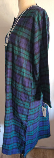Brand New CHARTER CLUB Large Black Blue Green Plaid Long Sleeve Nightgown Cozy