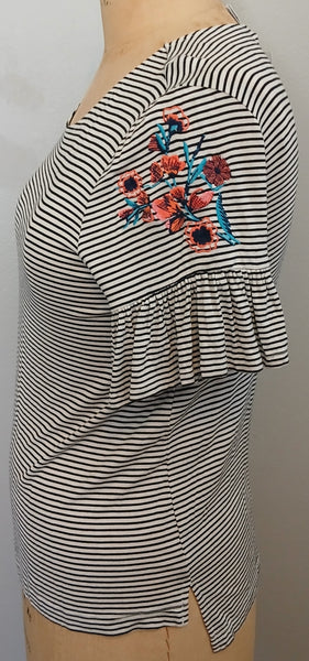 Medium Brand New ISELA Black & White Stripped Blouse w/ Floral Embroidery