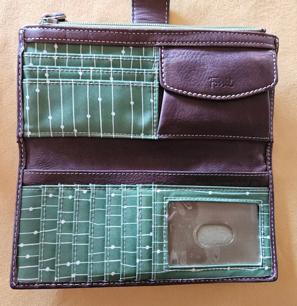 FOSSIL Brown Leather Full Size Wallet w/ Green Stitching