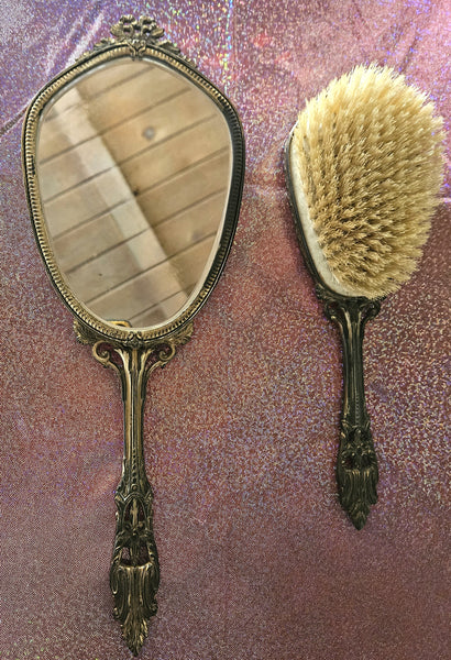 Vanity 2-Pc Vintage 24K Plated Hand Mirror & Brush Set