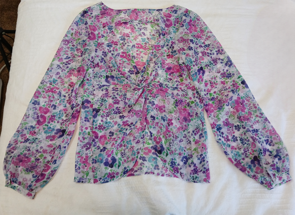 Small Brand New AMBIANCE Purple Floral Open Back Sheer Blouse