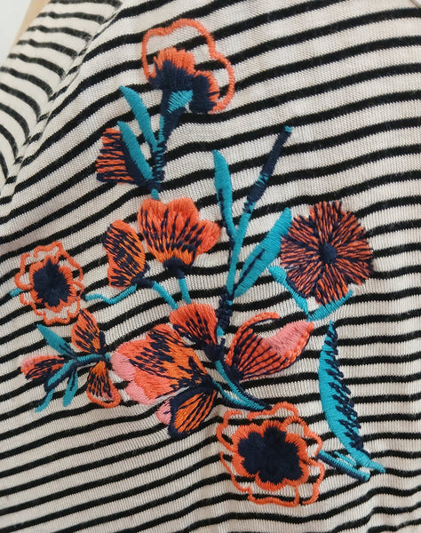 Medium Brand New ISELA Black & White Stripped Blouse w/ Floral Embroidery