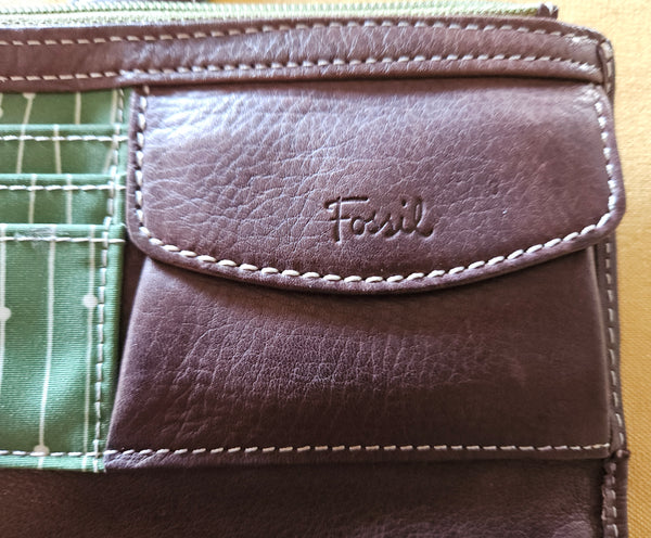 FOSSIL Brown Leather Full Size Wallet w/ Green Stitching