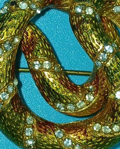 Vintage Gold, Hint of Red & Rhinestone Snake Brooch