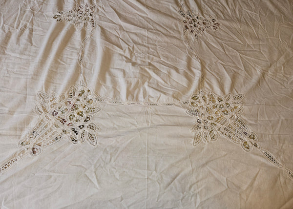 Vintage Oval 67" x 94" Cutwork Embroidery Tablecloth