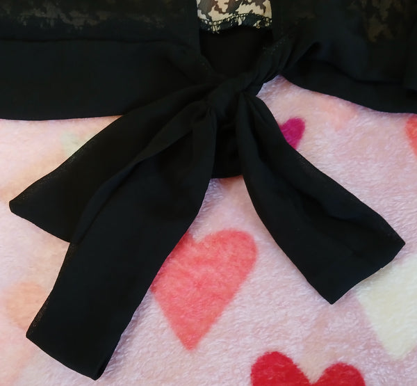 Large POETRY Black & Tan Checkered Sheer Blouse w/ Bow