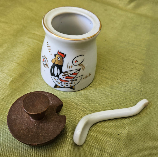 Mid Century Vintage Porcelain Japan Rooster Cruet Oil, Vinegar & Mustard Set