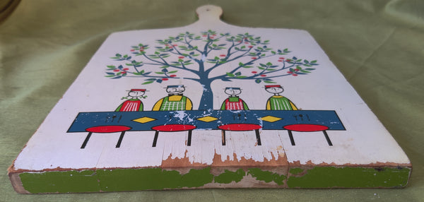 Vintage Folk Art Wood Cutting Board With Tree Design