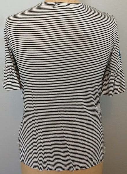 Medium Brand New ISELA Black & White Stripped Blouse w/ Floral Embroidery