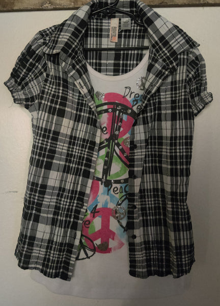 Kids Large Size 10/12 Girls 2-in-1 Plaid & Peace Sign Graphic  Button Front Shirt