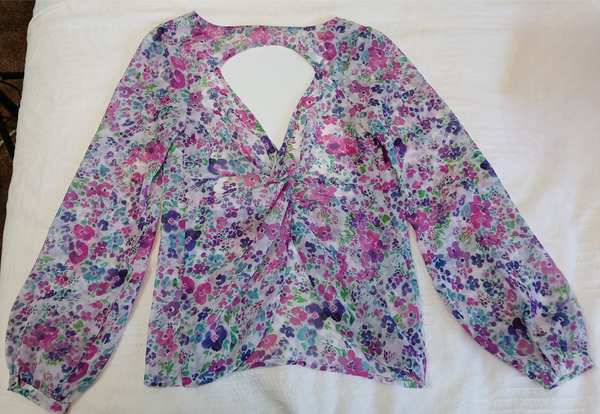 Small Brand New AMBIANCE Purple Floral Open Back Sheer Blouse